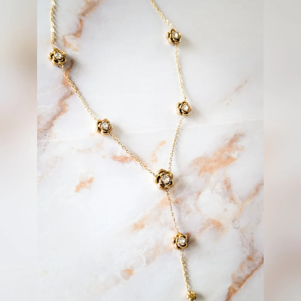​18k Gold Plated Rose Lariat Necklace 316L Stainless Steel Floral Zircon Jewel